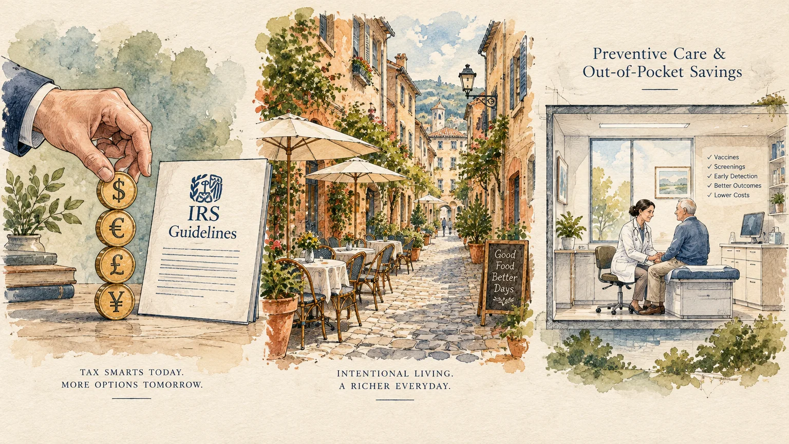 Watercolor triptych showing tax guidelines with currency coins, a European cafe street, and a doctor consulting a patient.