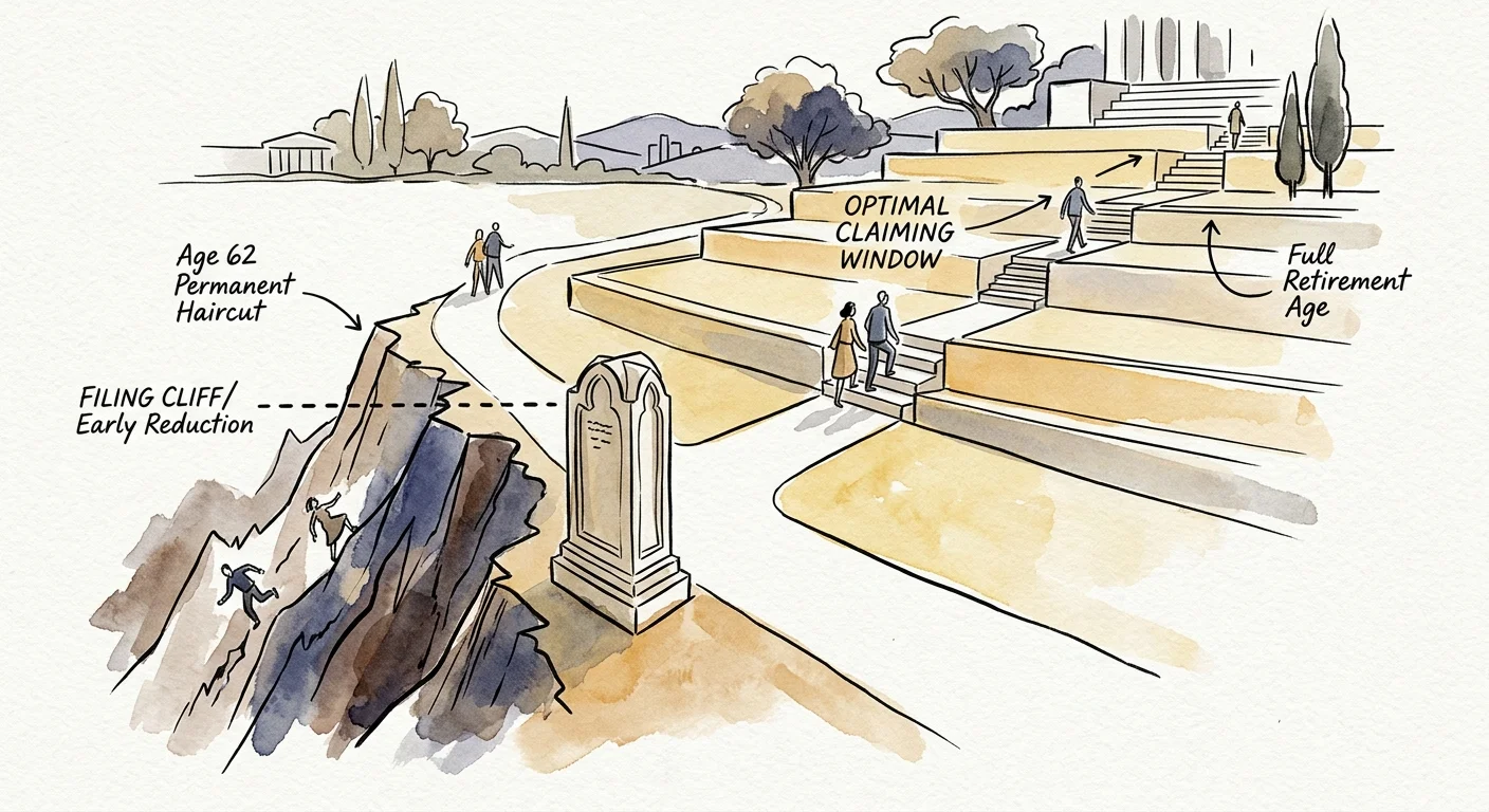 Illustration of people climbing terraced stairs toward Full Retirement Age while others fall down an early reduction cliff.