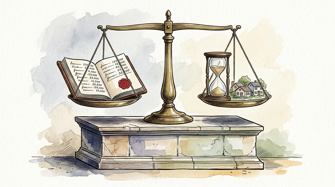 Illustration of balance scales holding an open ledger on one side and an hourglass beside miniature houses on the other.