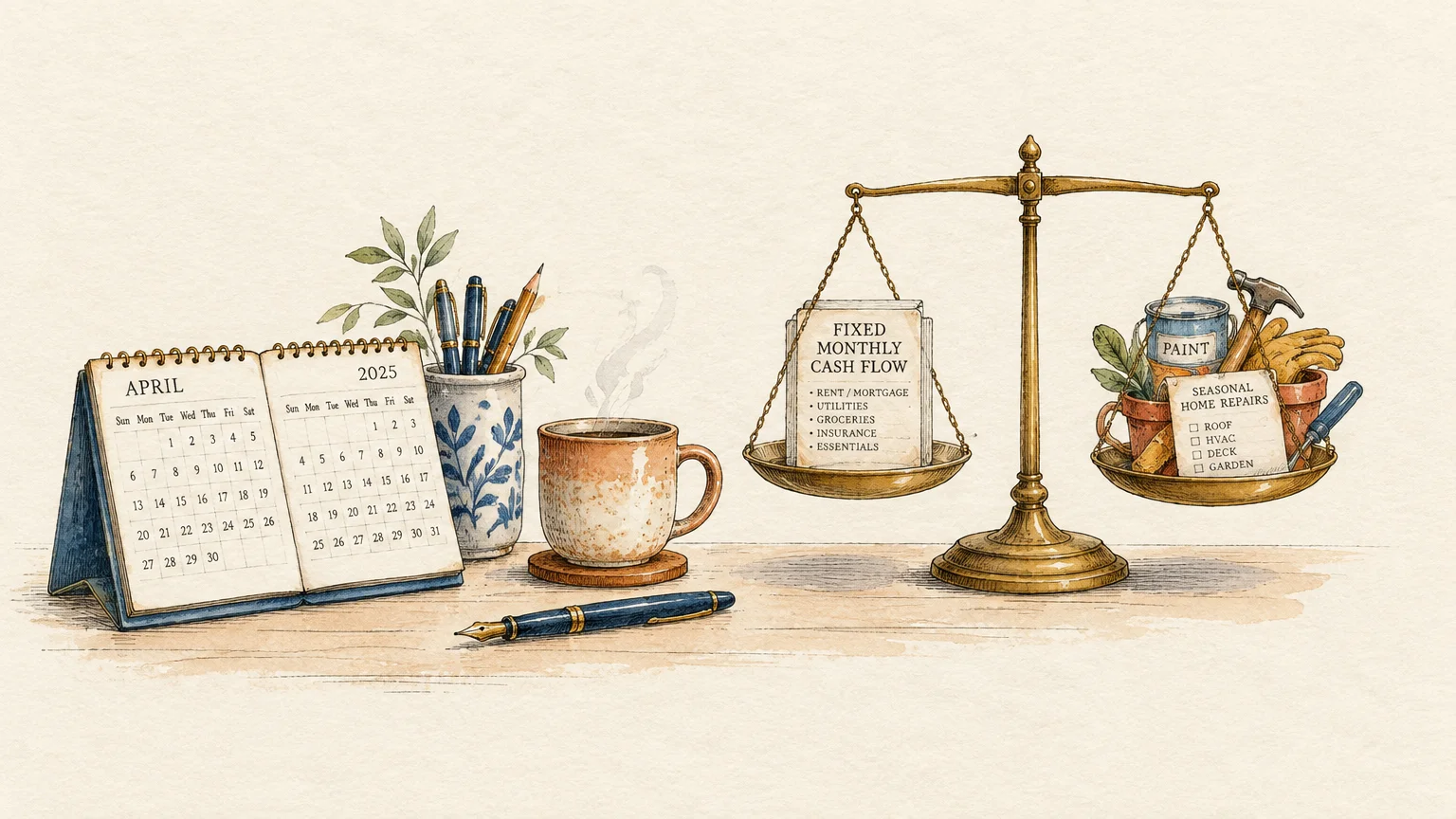 Illustration of a desk with an April 2025 calendar, coffee mug, pen, and brass scale balancing cash flow with home repairs.