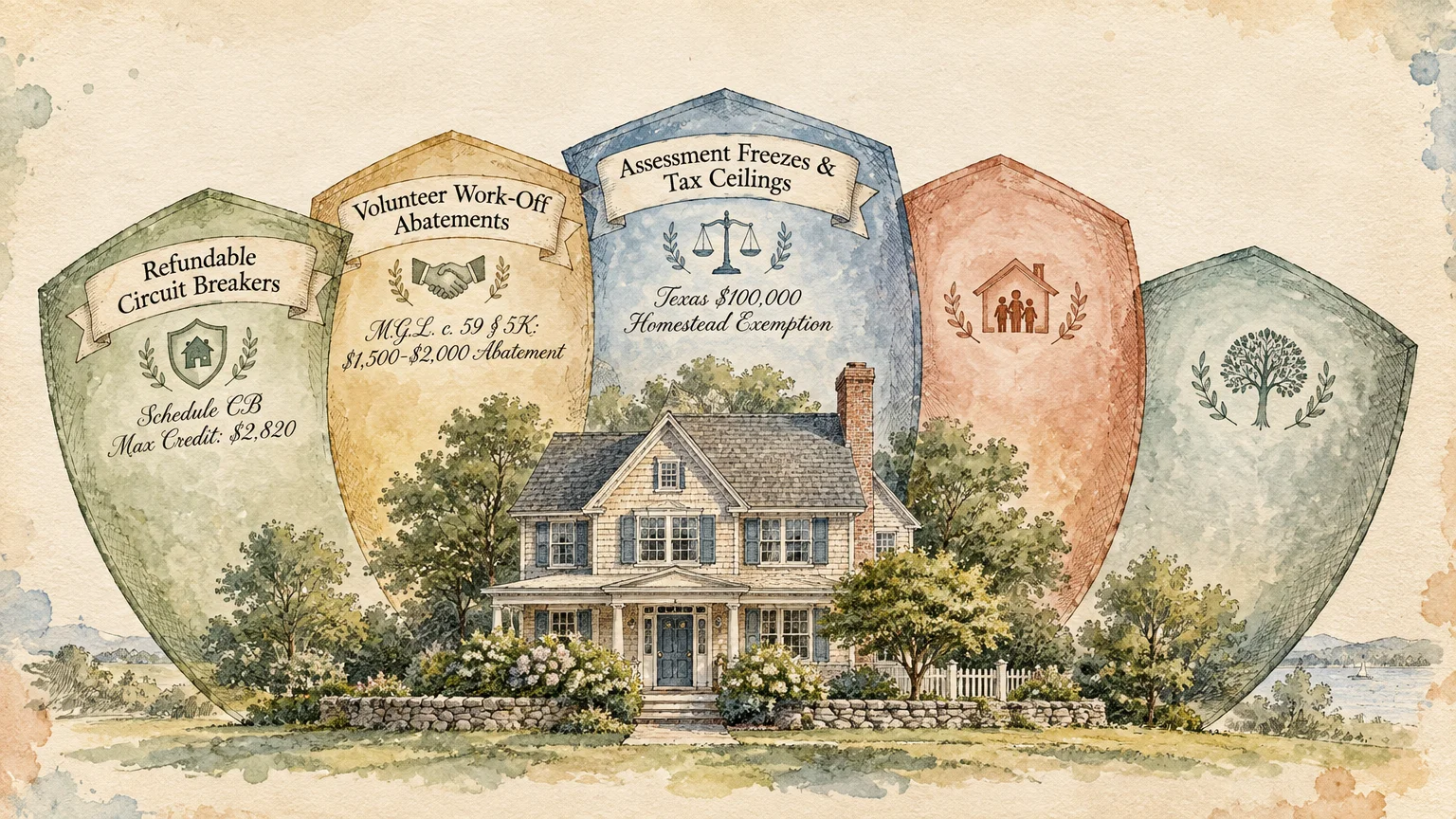 Watercolor illustration of a house framed by five shield banners detailing senior property tax relief programs.