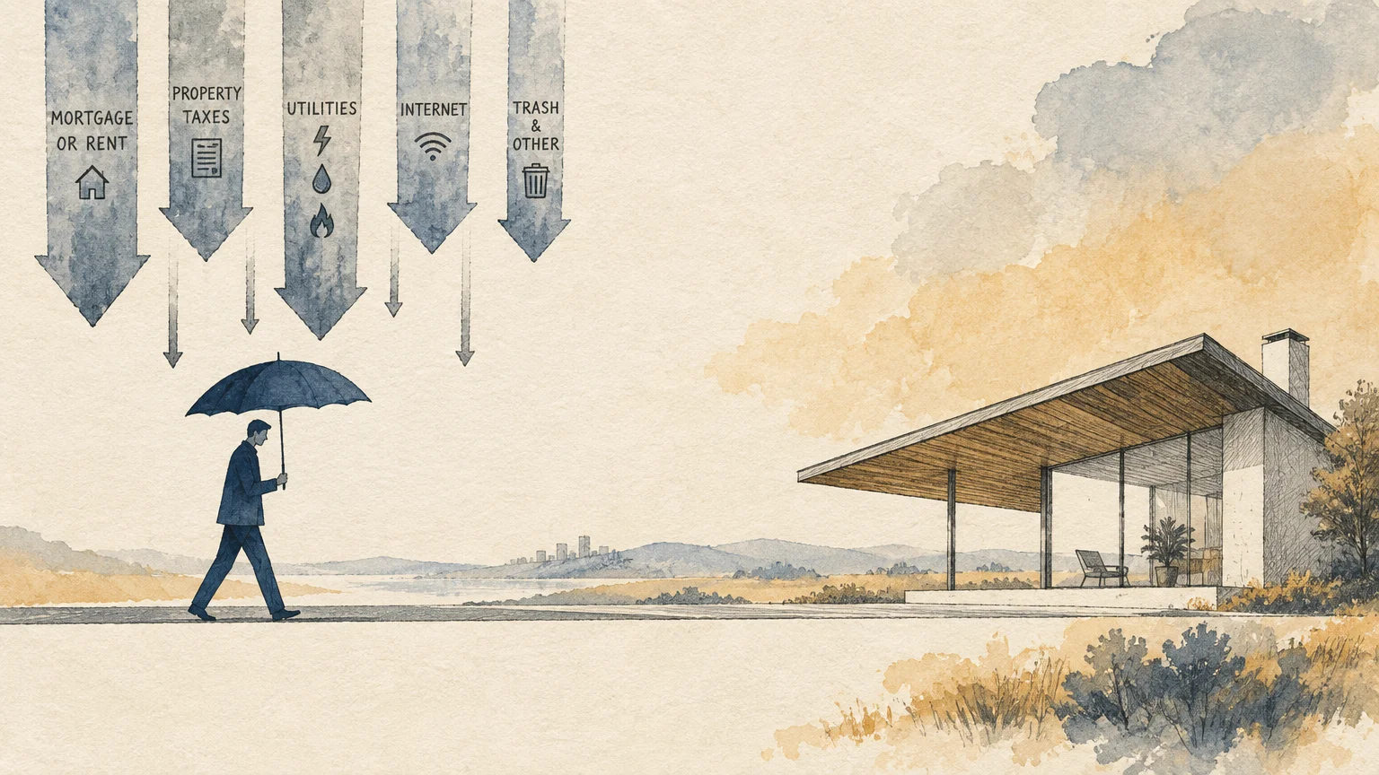 Illustration of a man with an umbrella walking past modern house under falling arrows labeled with living expenses.