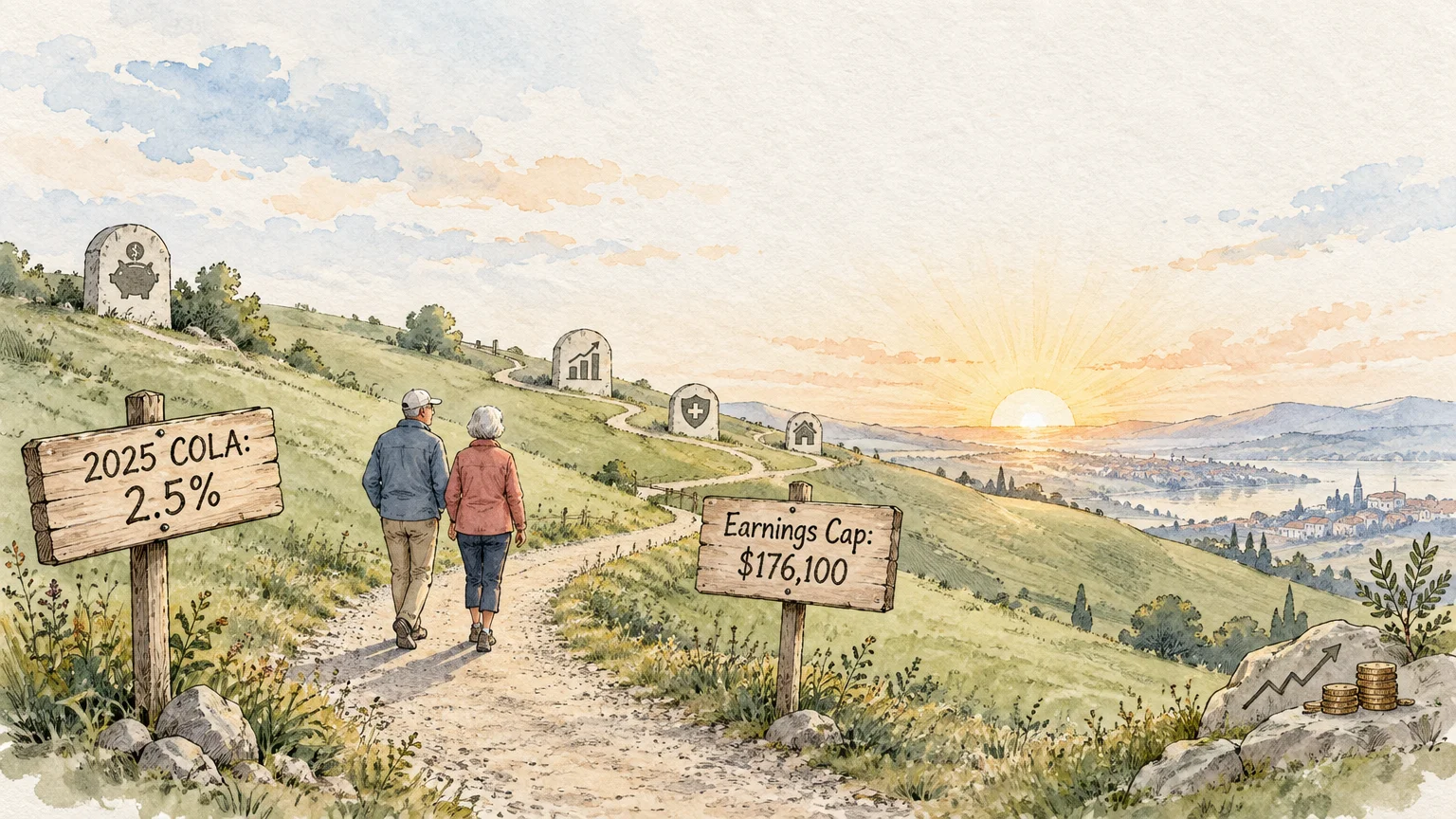 Watercolor illustration of a senior couple walking down a path lined with wooden signs and milestones toward a sunrise.