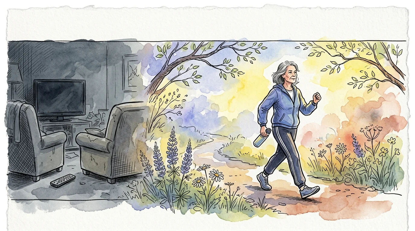 Split watercolor sketch contrasting a dark living room with a woman walking along a bright, flower-lined nature path.