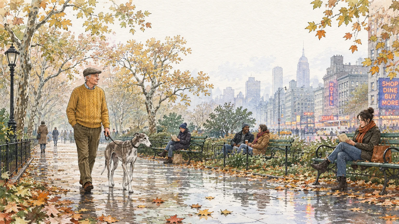 Watercolor illustration of an older man walking a dog along a wet park path lined with autumn trees and benches.