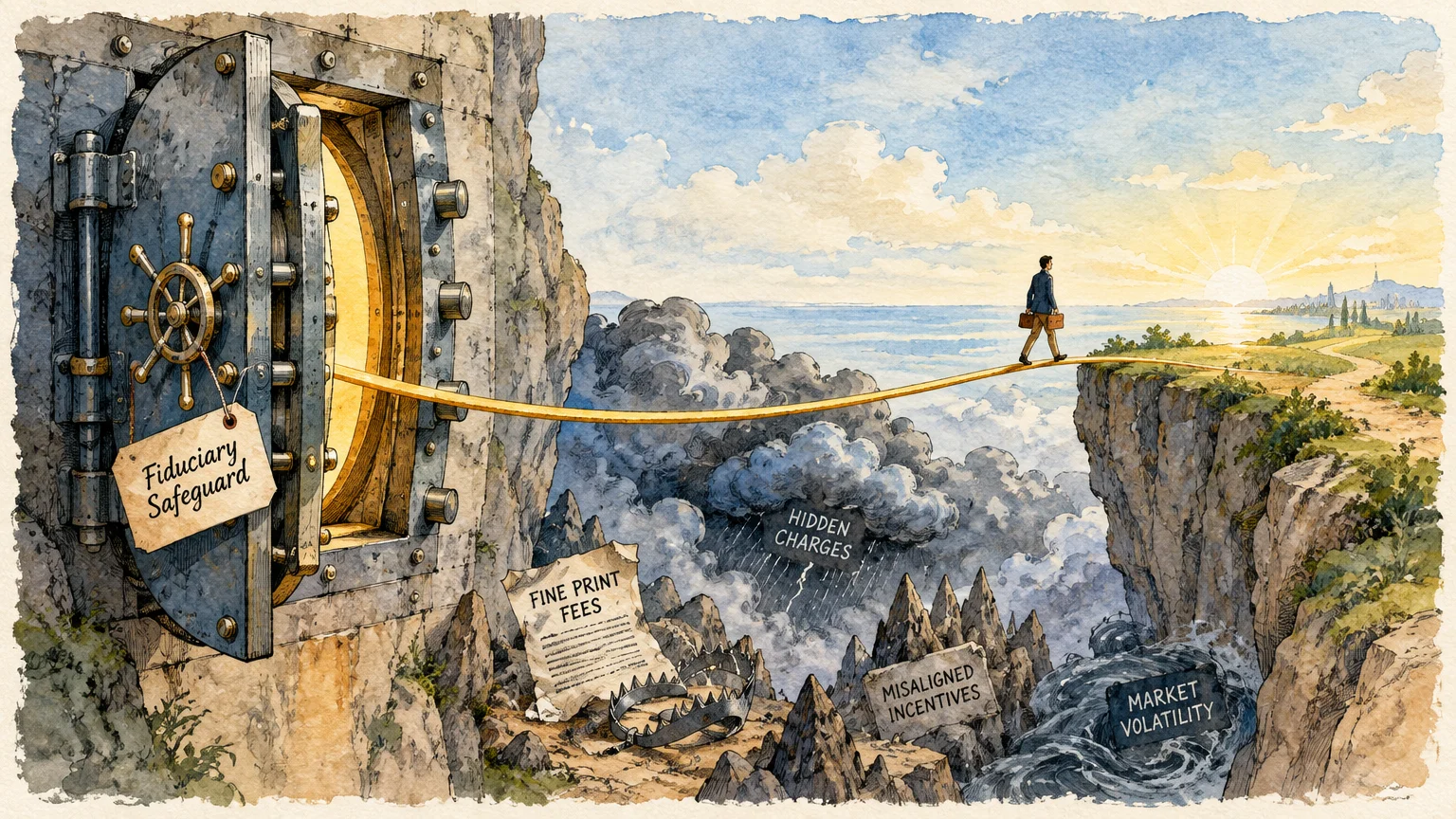 A man walks a tightrope from an open cliffside vault to a sunny plateau above chasms labeled with financial hazards.