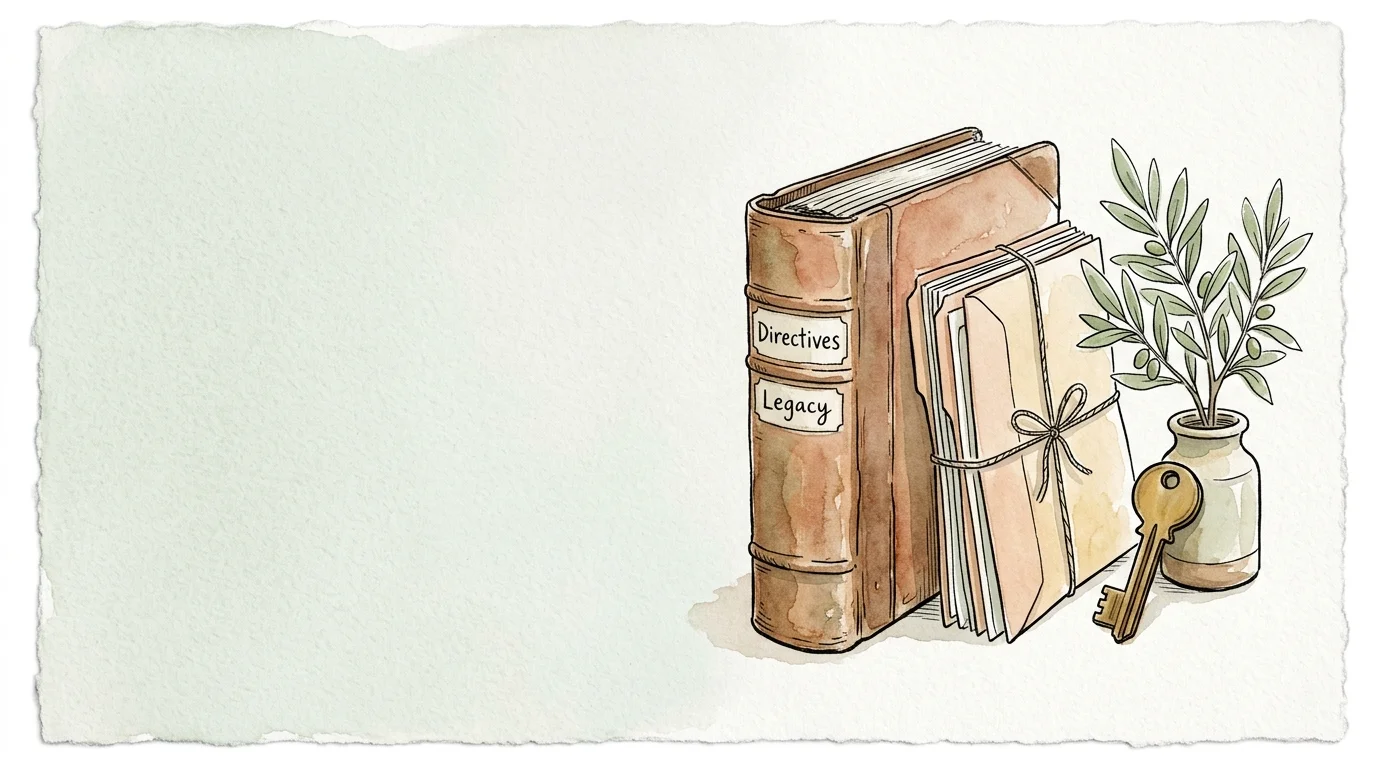 Watercolor illustration of a leather book labeled Directives and Legacy, tied documents, a brass key, and an olive sprig.