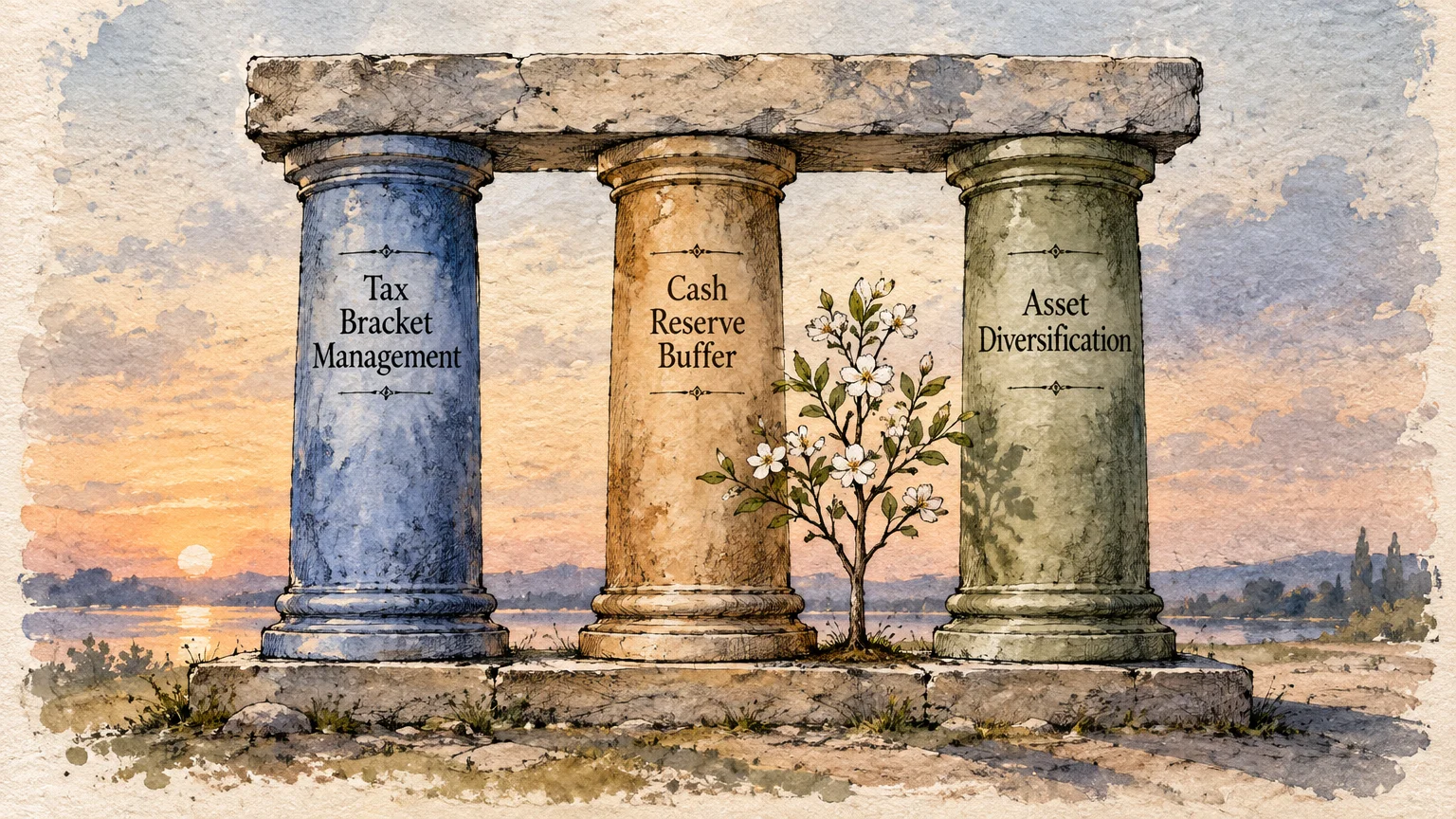 Three stone pillars labeled Tax Bracket Management, Cash Reserve Buffer, and Asset Diversification.