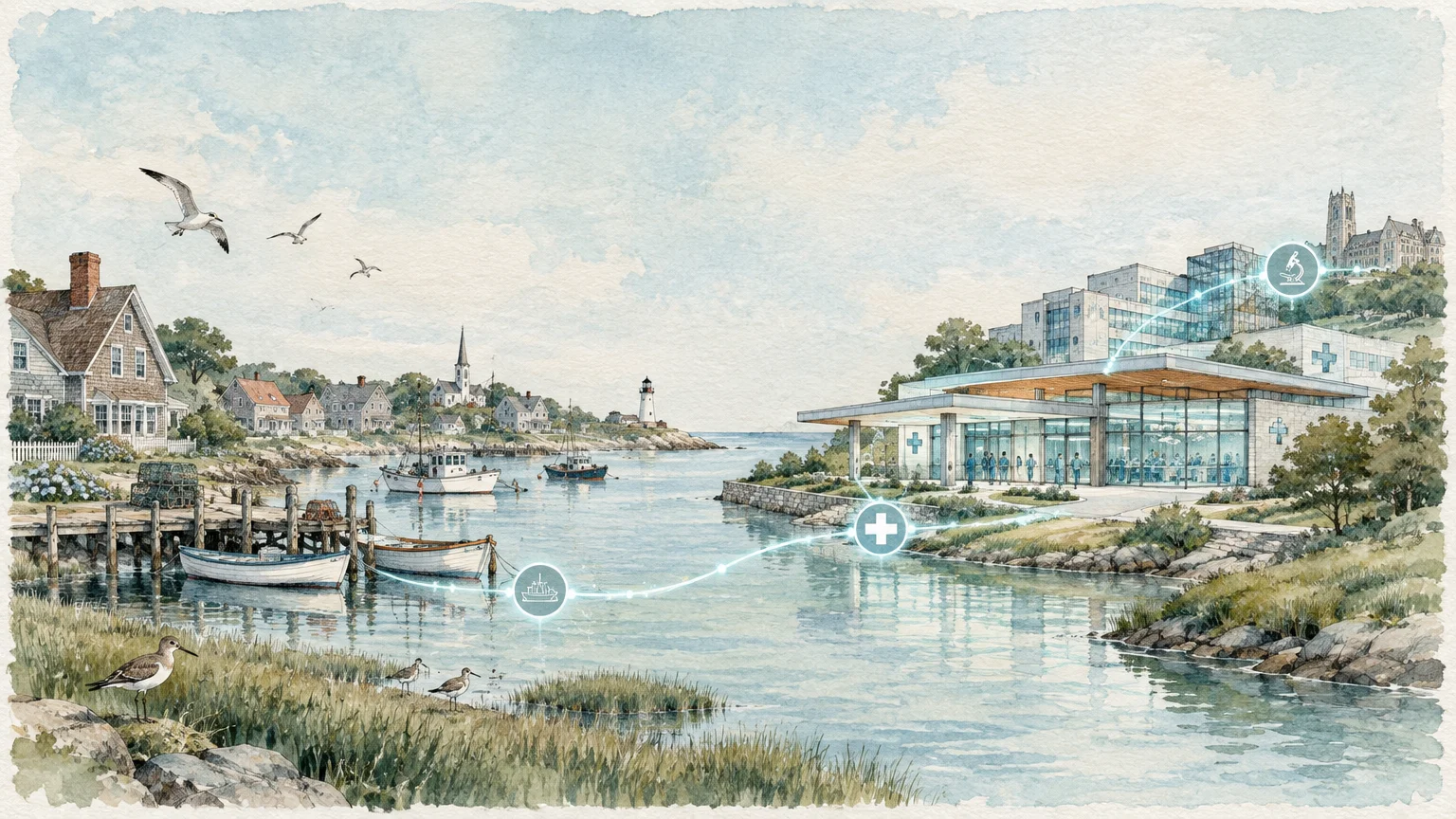 Split illustration connecting a quaint coastal fishing harbor to a modern waterfront medical facility via a glowing path.