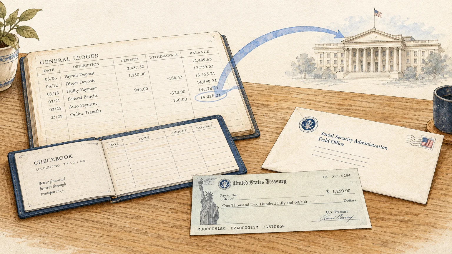 Ledger, checkbook, U.S. Treasury check, and envelope addressed to a Social Security office on a wooden desk.