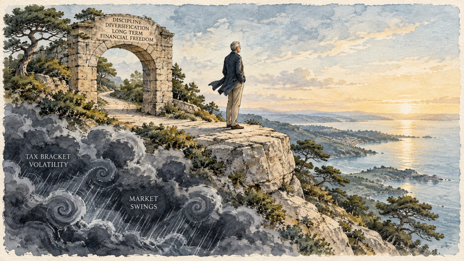 Illustration of a man on a cliff overlooking a sea sunrise beside a stone archway, above dark storm clouds.