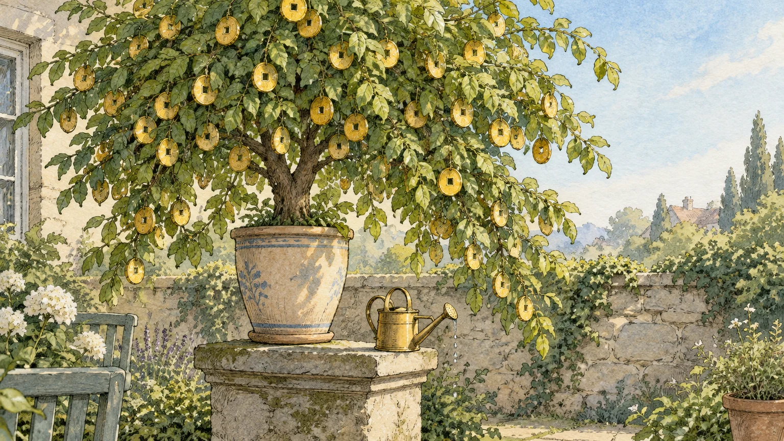 A potted tree bearing round gold coins grows on a stone pedestal in a sunlit garden beside a small watering can.