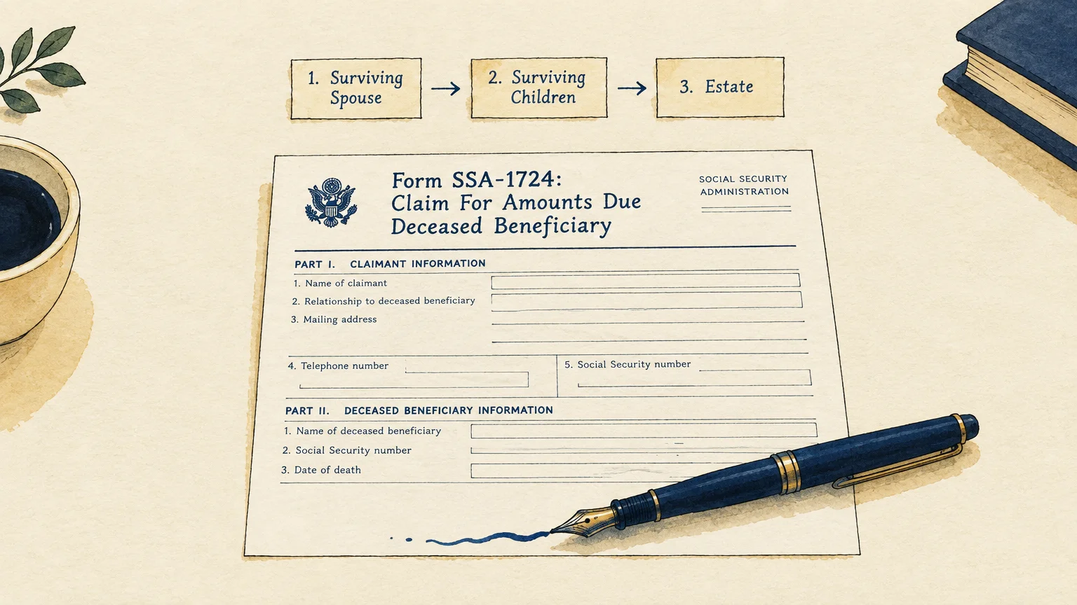 Illustration of Form SSA-1724 with a fountain pen, coffee cup, book, and a flowchart showing survivor priority order.