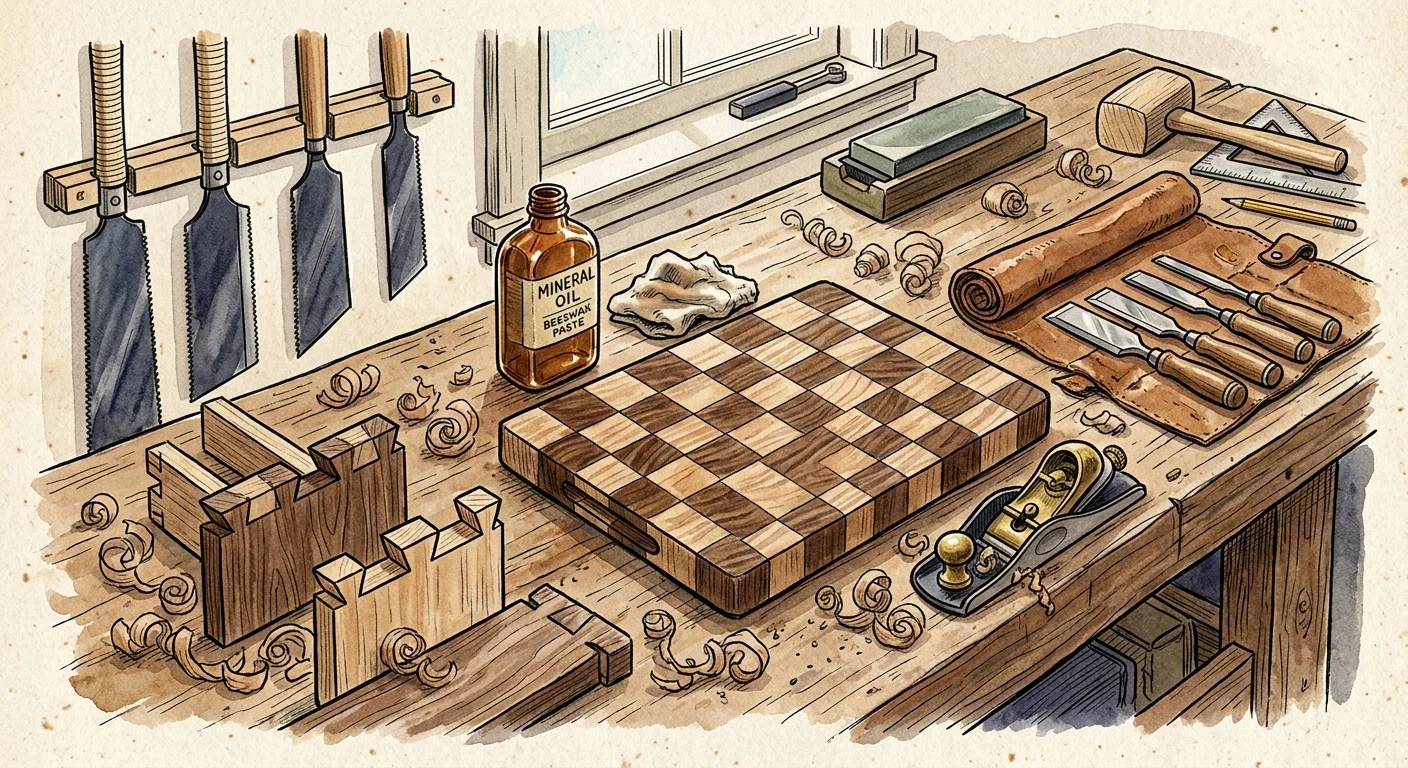 Illustration of a woodworking workbench with a checkered cutting board, hand planes, chisels, Japanese pull saws, and wood shavings.