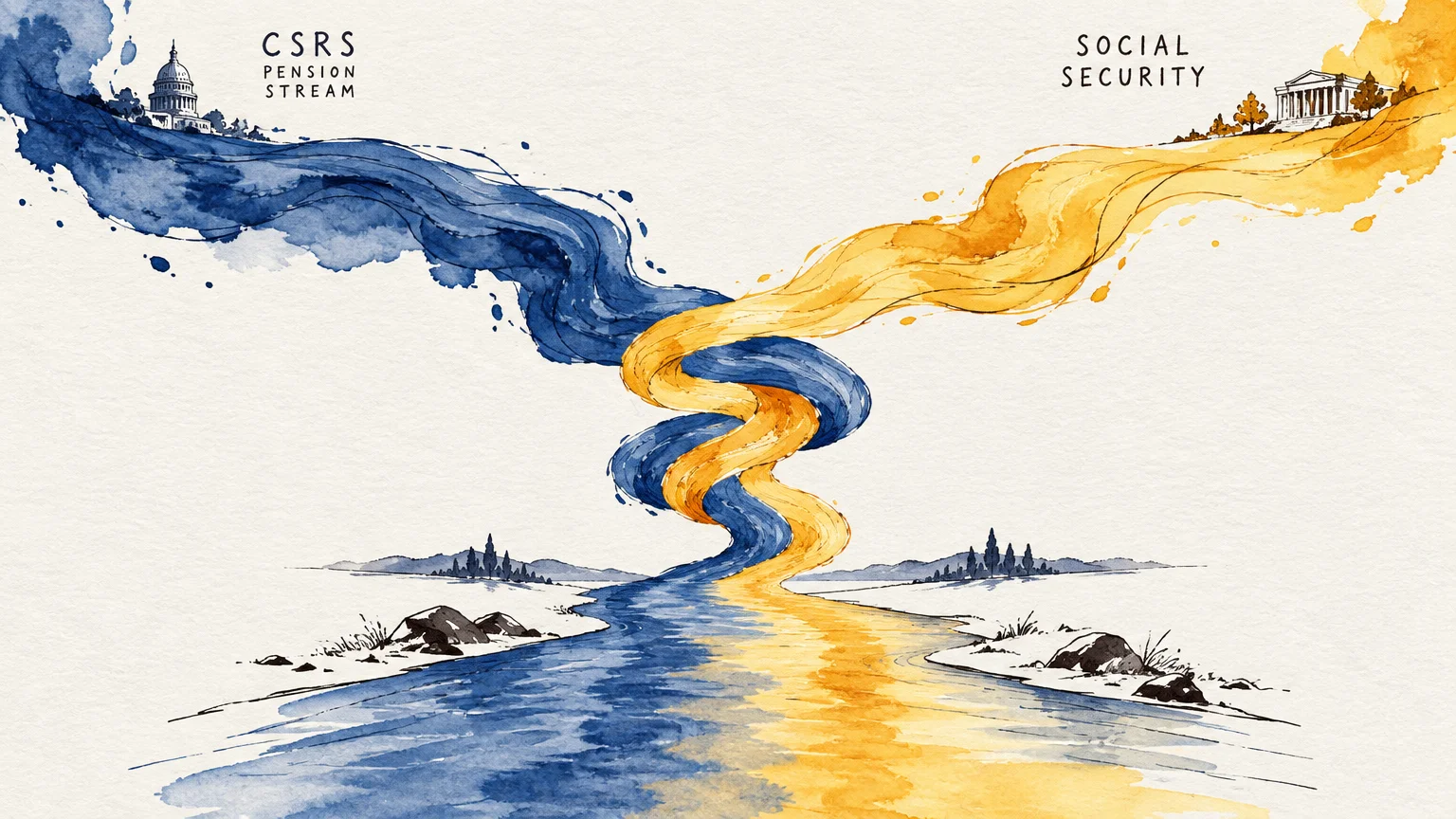 Watercolor illustration of blue and yellow streams labeled CSRS Pension Stream and Social Security winding into one river.