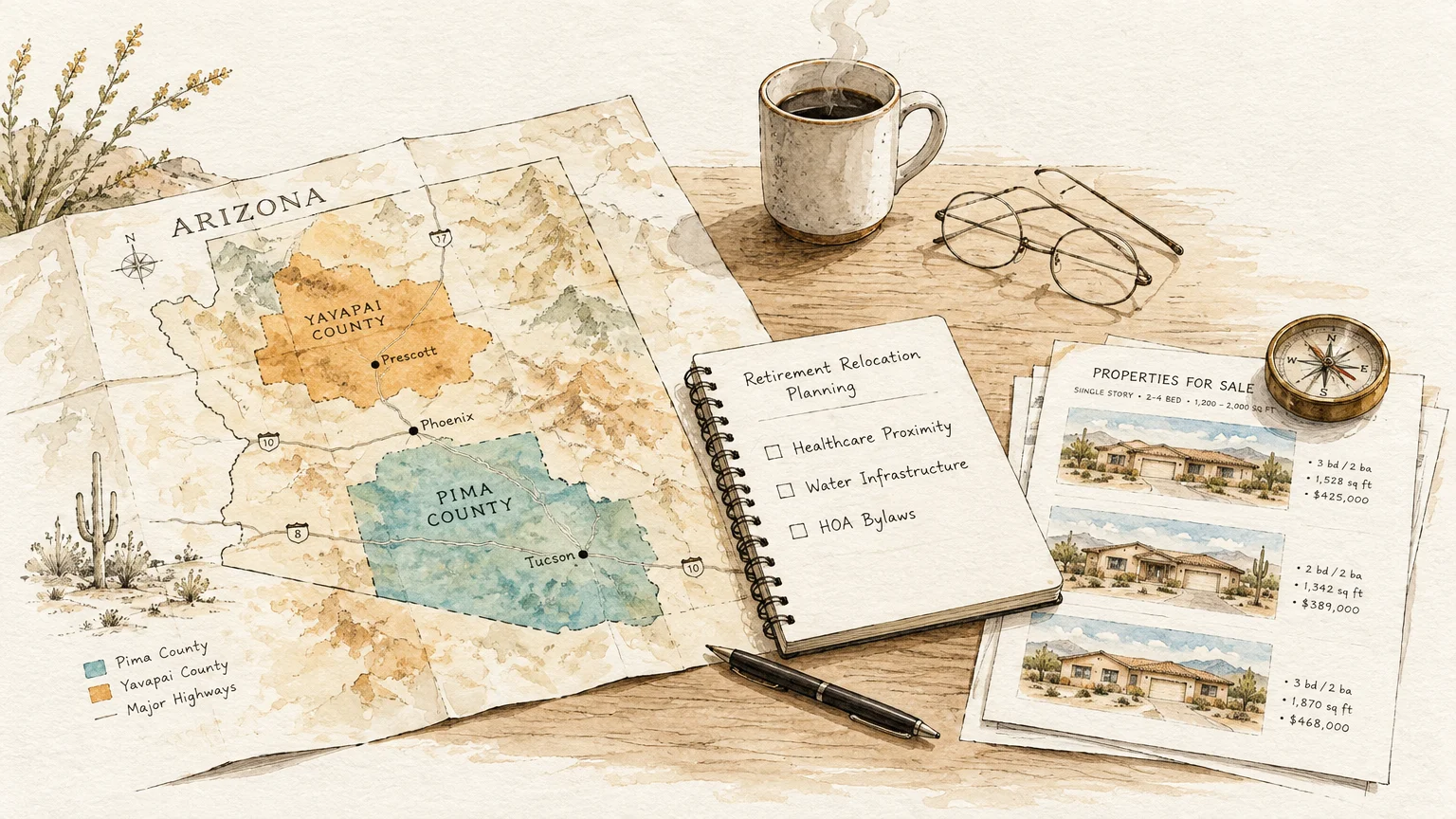 Watercolor illustration of an Arizona map, relocation planning notebook, property listings, coffee mug, and glasses on a desk.
