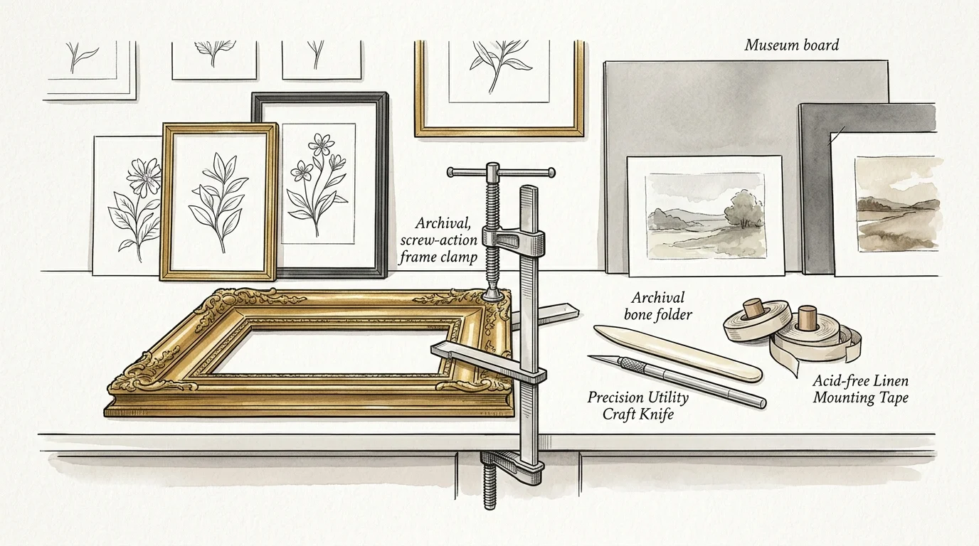 Illustration of a picture framing workbench with a clamped gold frame, precision knife, bone folder, and tape.