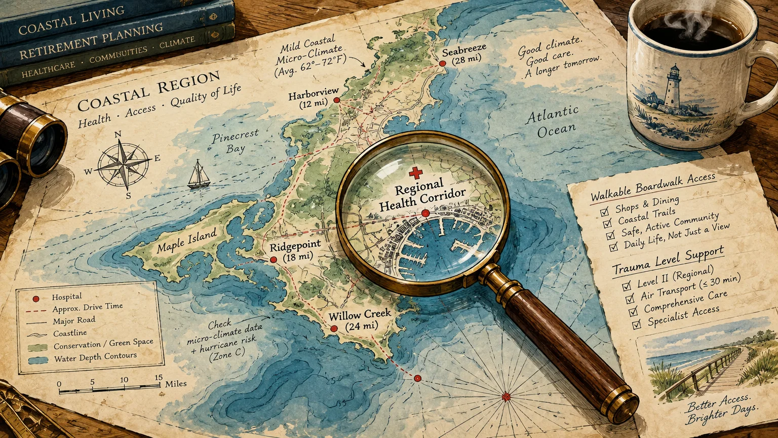 Magnifying glass over a coastal map labeled Regional Health Corridor, beside books, binoculars, and a checklist.