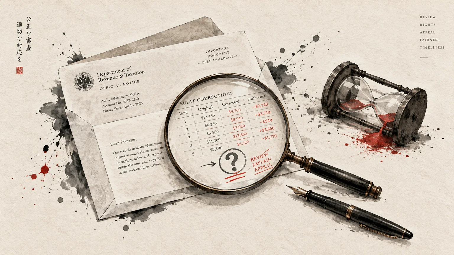 Illustration of an audit correction letter under a magnifying glass next to an hourglass leaking red sand and a pen.