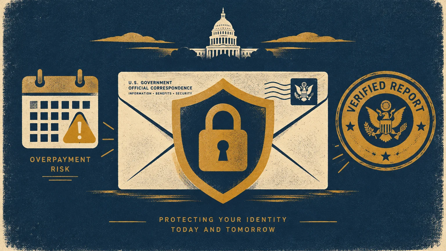 Illustration of a government envelope with a padlock shield, flanked by a calendar warning and a verified report seal.