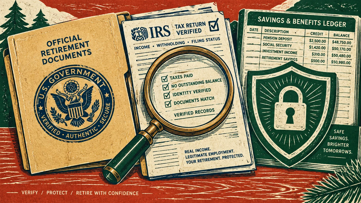 Illustration of official retirement documents, verified IRS tax paperwork under a magnifying glass, and a locked shield.