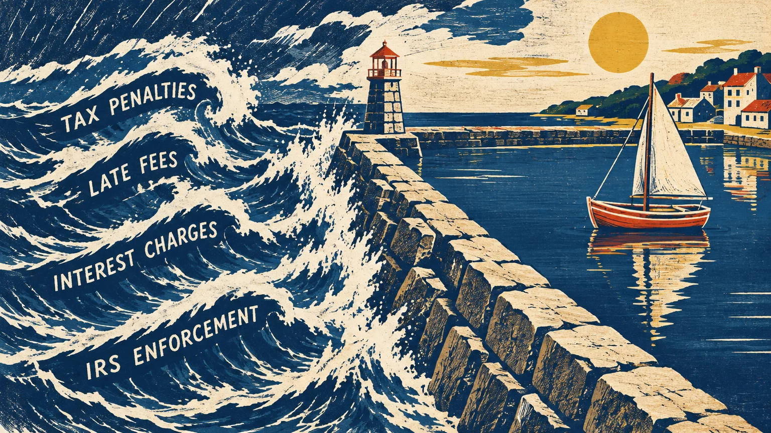 Illustration of a stone breakwater and lighthouse protecting a calm harbor with a sailboat from stormy sea waves.