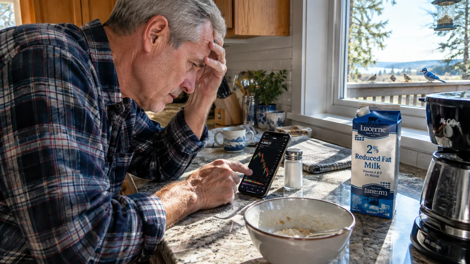 A stressed older man at a kitchen counter holds his head while checking a falling stock chart on his smartphone.