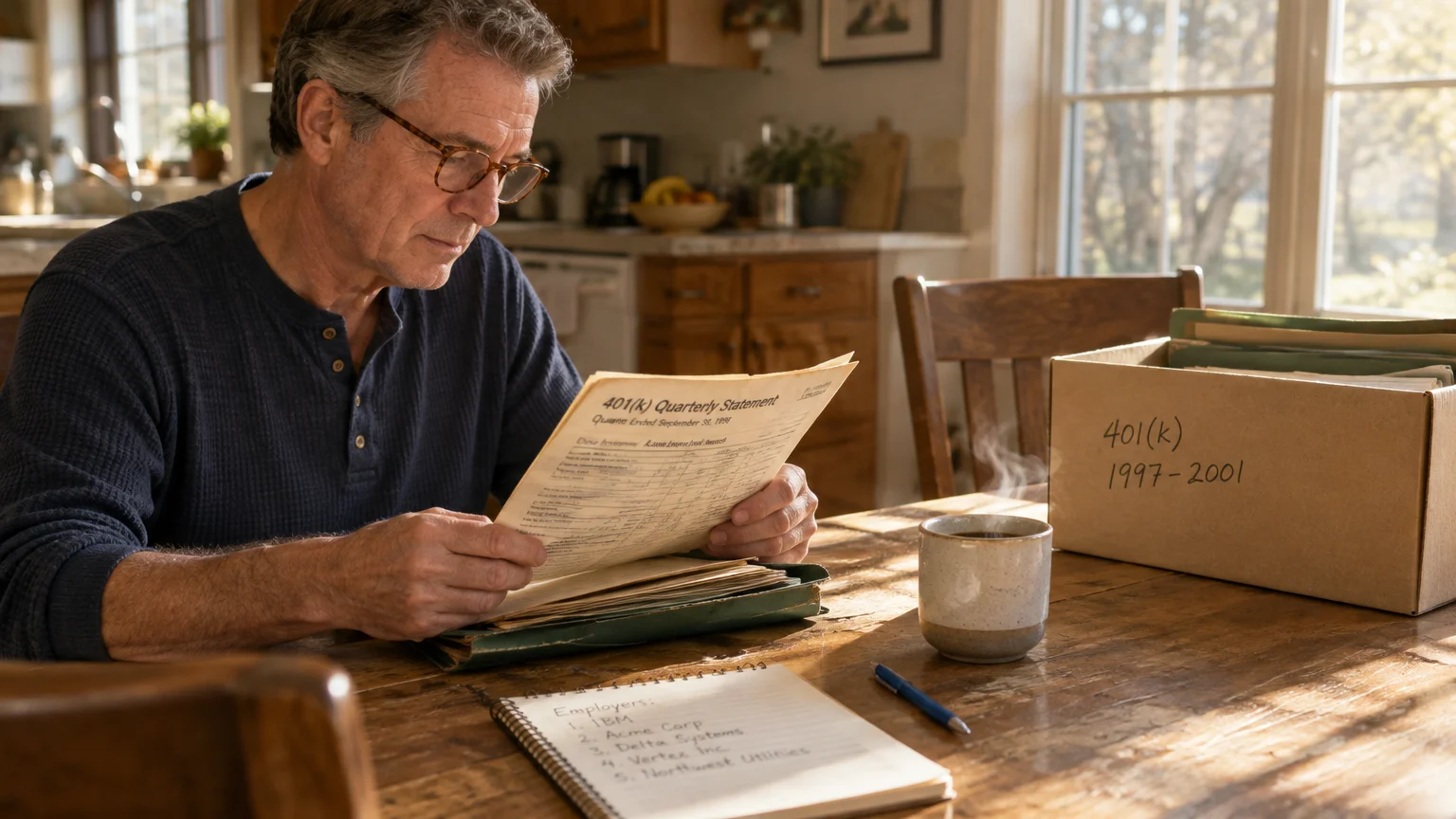A man with glasses reads an old 401(k) statement at a wooden table next to a steaming mug and cardboard file box.
