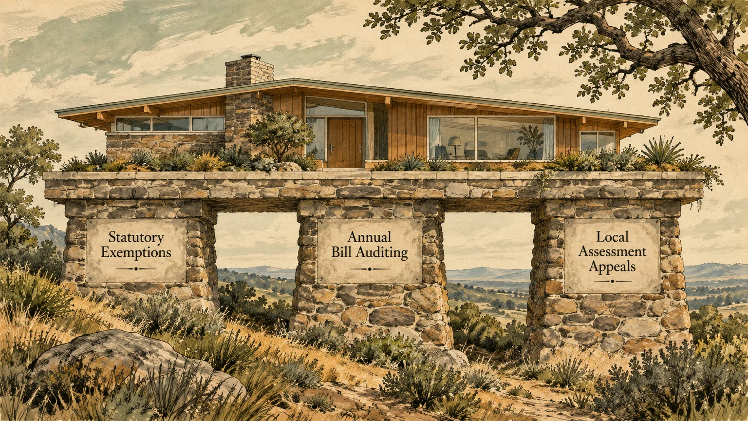 Illustration of a mid-century house supported by three stone pillars labeled with property tax strategies.