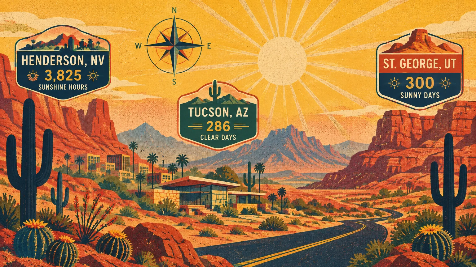 Desert landscape illustration with cactus, red rock mountains, a highway, a bright sun, and city travel badges.