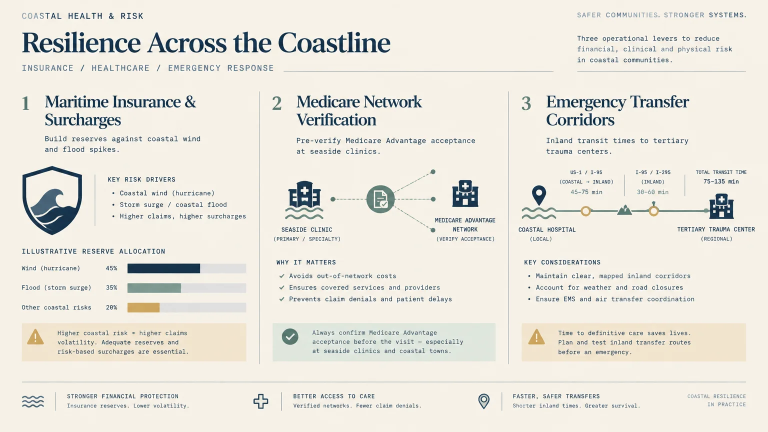 Diagram outlining three coastal resilience pillars: maritime insurance, Medicare network verification, and emergency transfers.