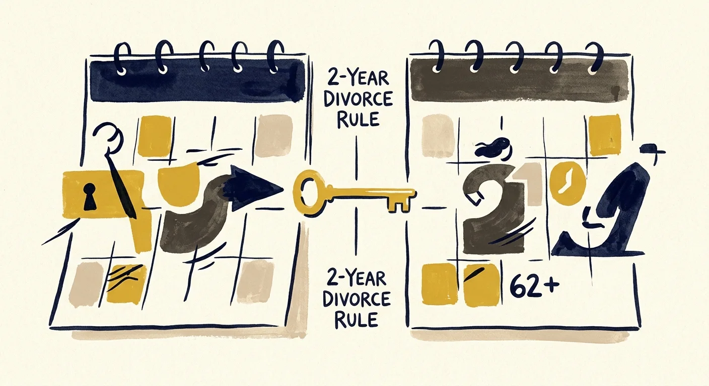 Illustration of two calendars connected by a key, with text reading 2-Year Divorce Rule and 62+.