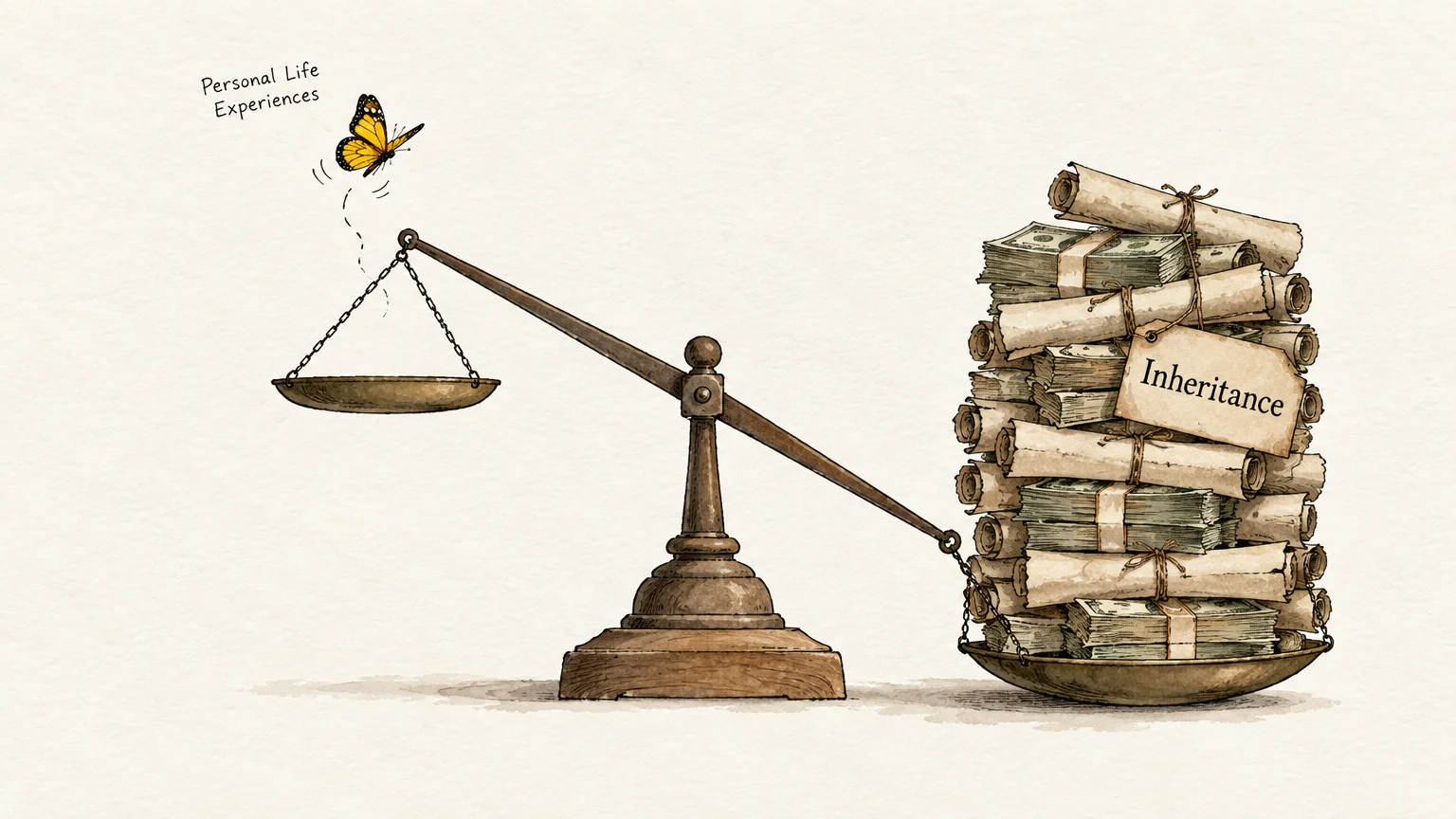 Balance scale tipped heavily down by a huge stack of money labeled inheritance versus a light butterfly.