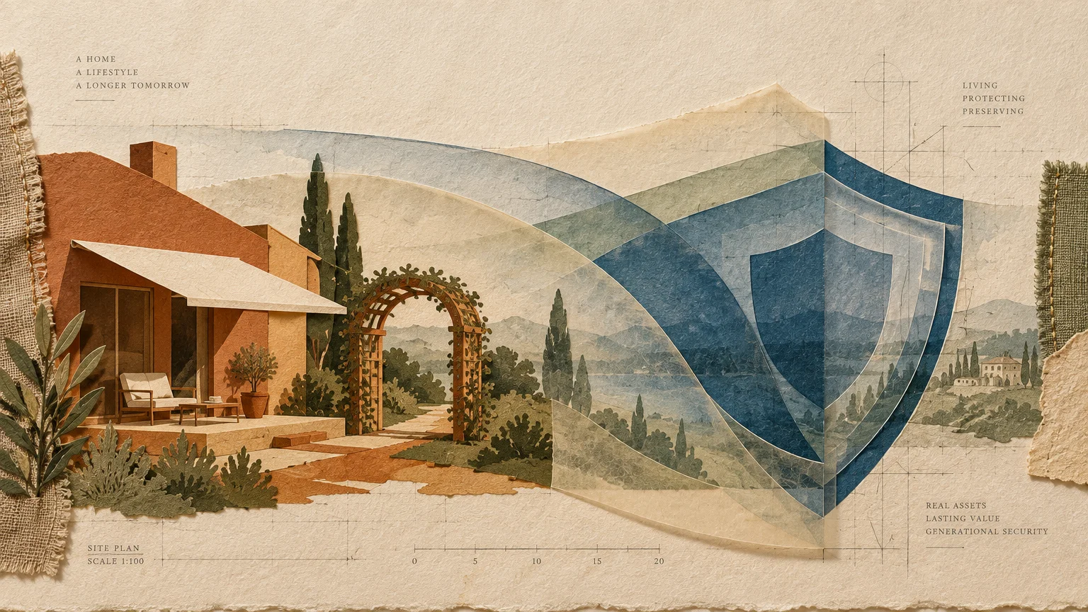 Paper collage of a Mediterranean home and garden covered by layered blue shield shapes on architectural blueprint paper.