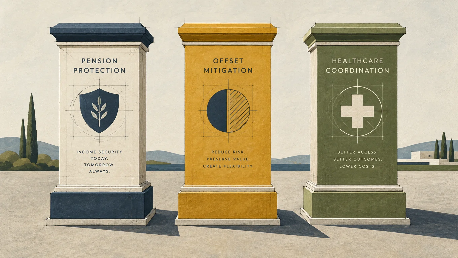 Illustration of three classical pedestals labeled Pension Protection, Offset Mitigation, and Healthcare Coordination.