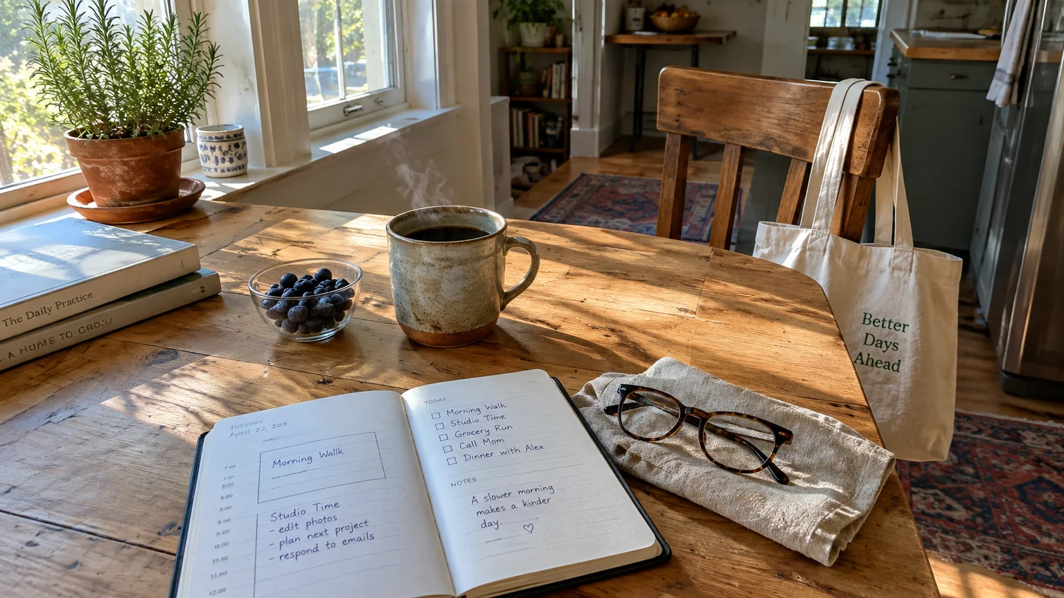 Open planner, steaming coffee mug, bowl of blueberries, and glasses on a rustic wooden table in morning sunlight.