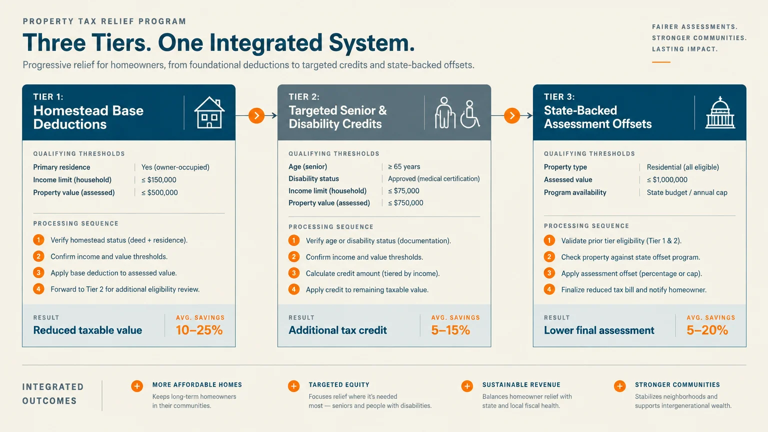 Flowchart diagram detailing a three-tier integrated property tax relief system with qualifying thresholds and steps.