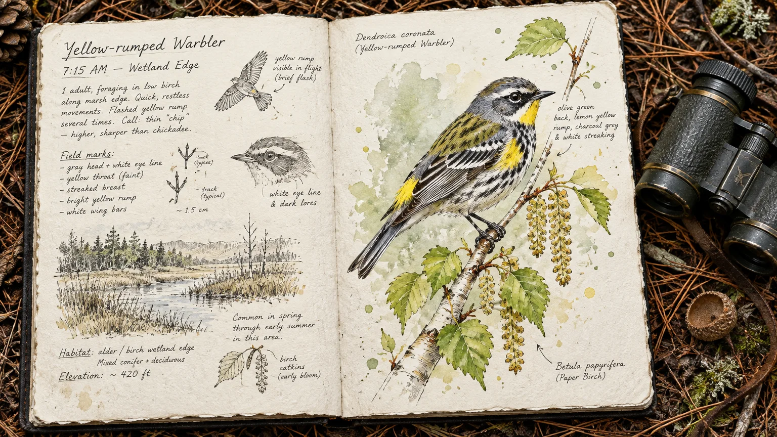 Open naturalist field journal with an illustrated yellow-rumped warbler and handwritten notes next to binoculars.