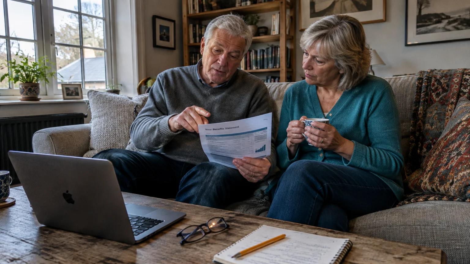 A senior couple sits on a couch reviewing a benefits statement paper together near an open laptop on a coffee table.