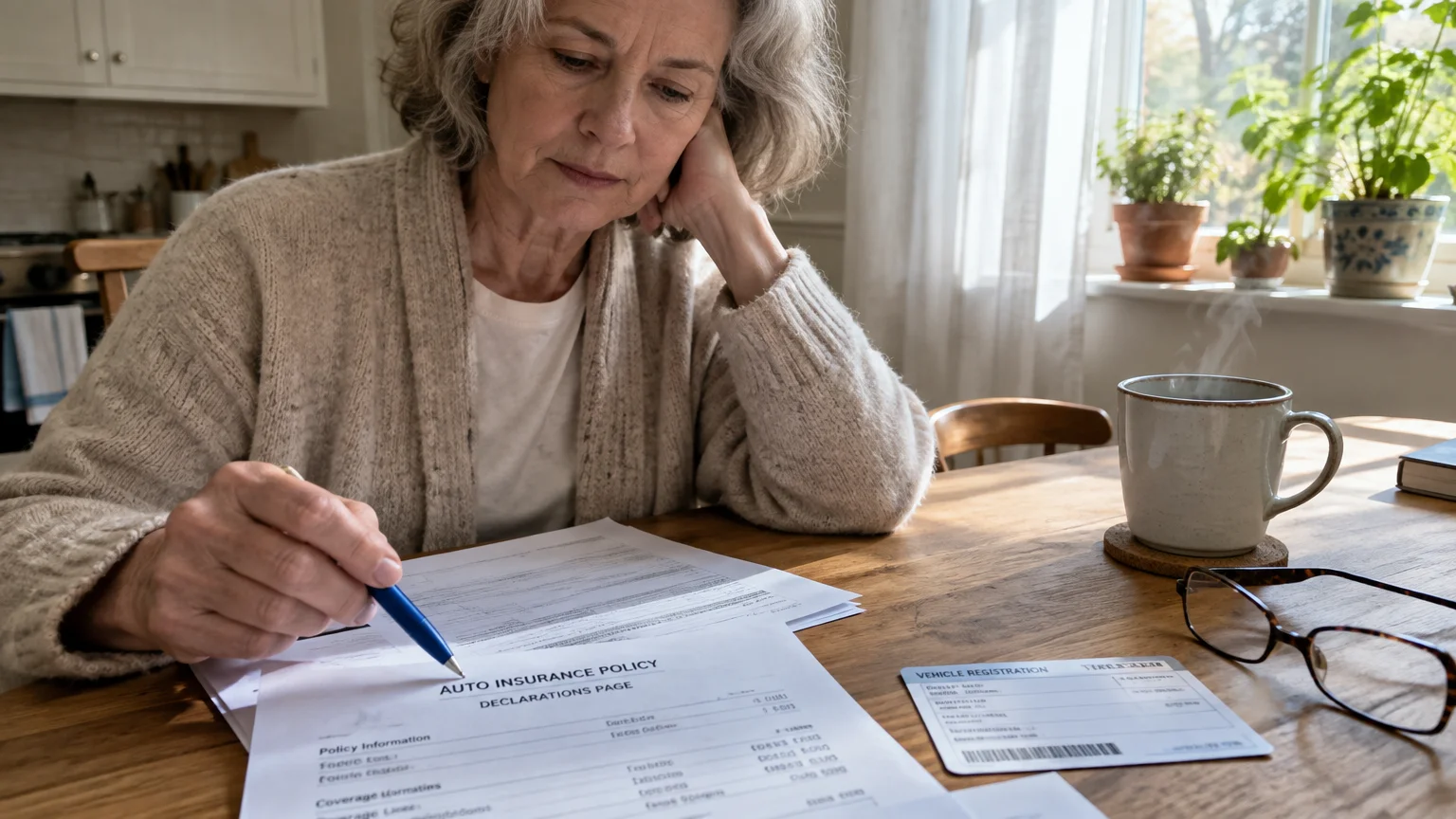 A senior woman sits at a wooden table reviewing an auto insurance policy document with a pen.