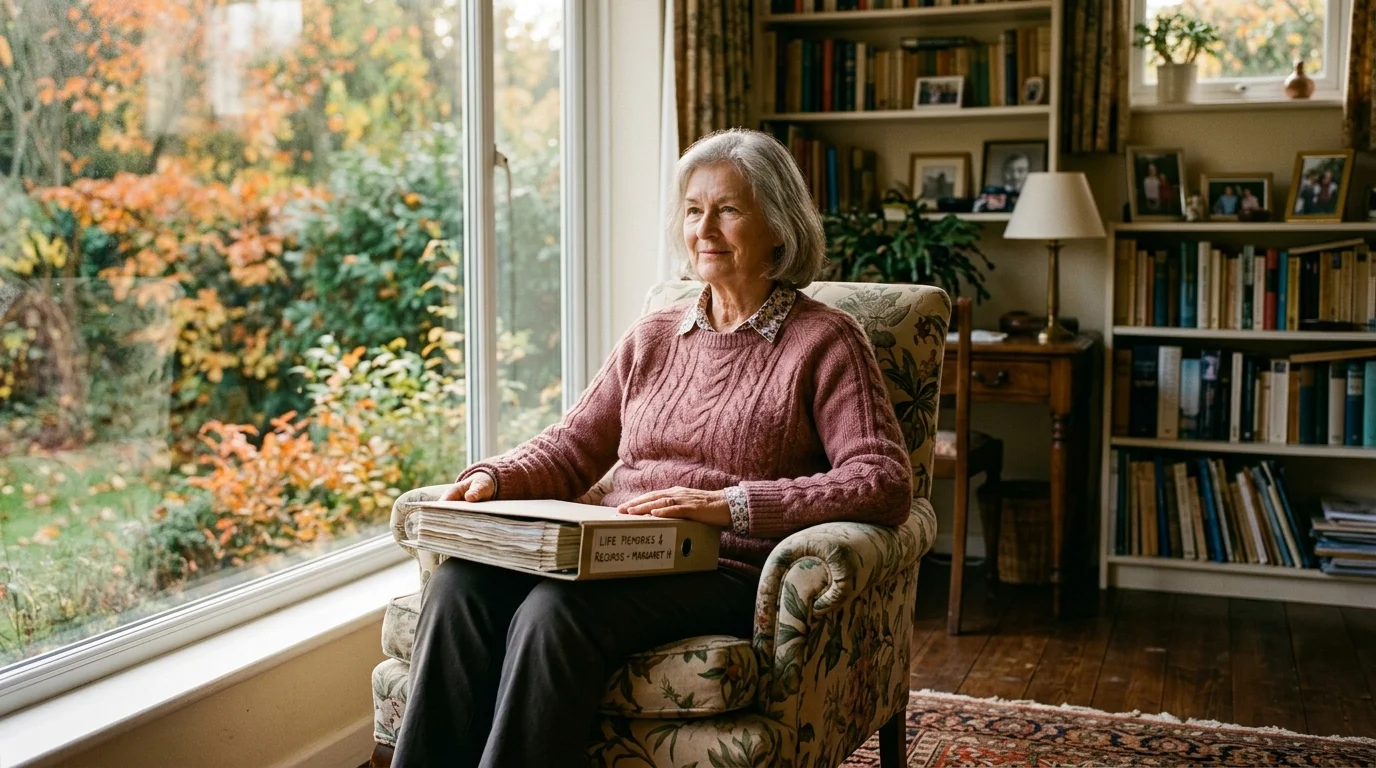 A senior woman sits in an armchair by a window holding a binder on her lap in a room with bookshelves.
