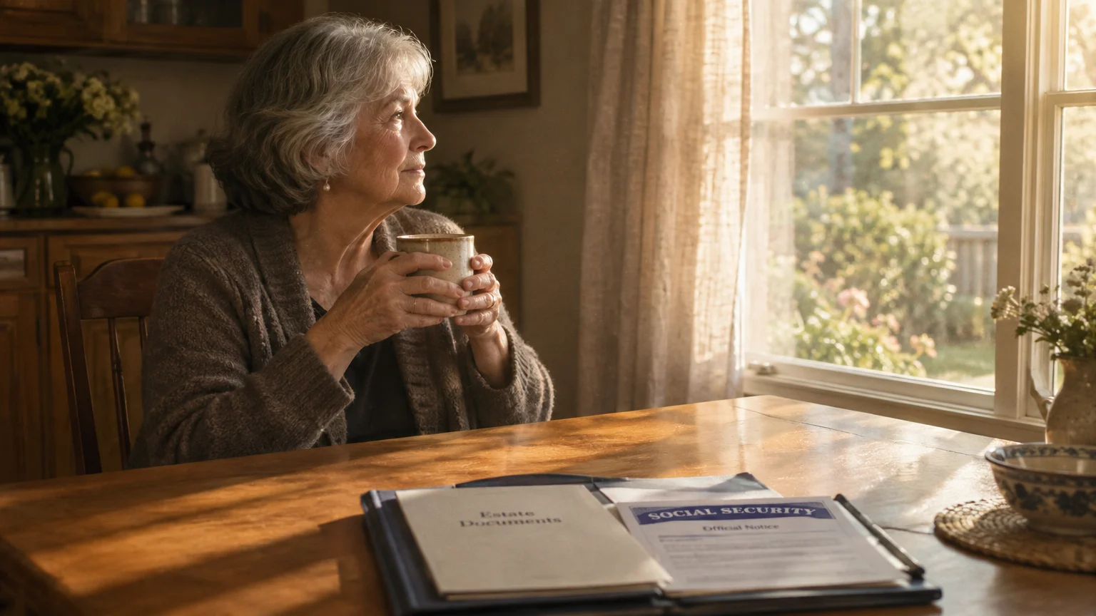 An older woman with gray hair sits at a wooden table holding a mug, with Social Security documents lying before her.
