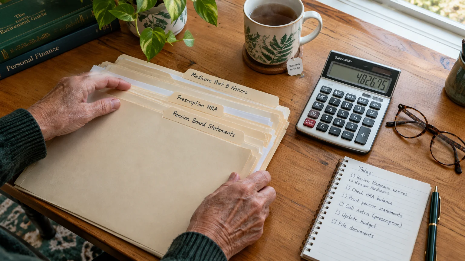 Person sorting labeled file folders for Medicare, HRA, and pension statements beside a calculator and to-do list.