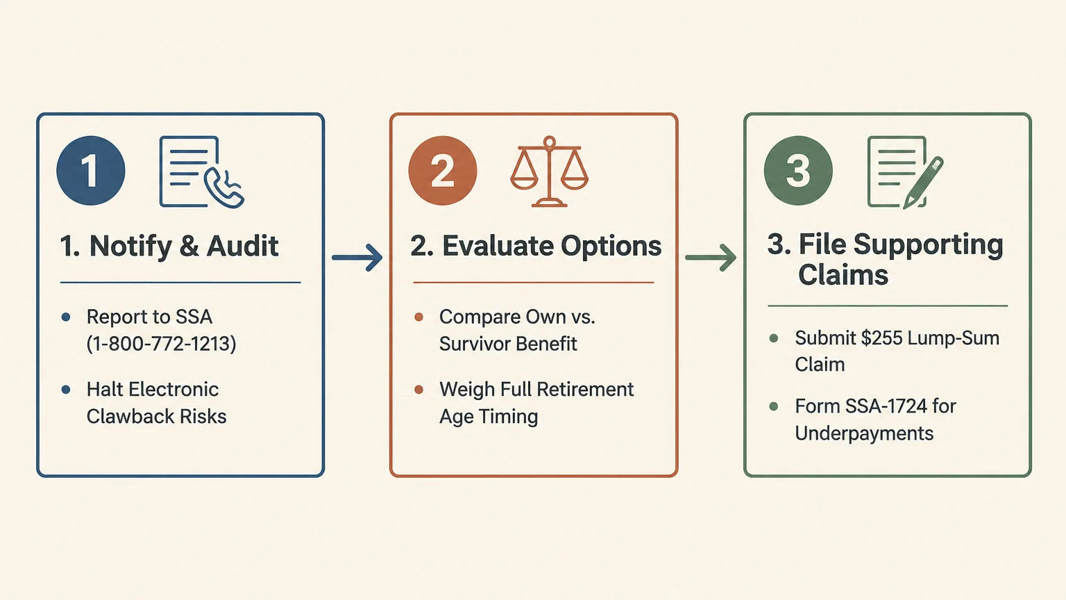 Three-step flowchart outlining steps: 1. Notify & Audit, 2. Evaluate Options, and 3. File Supporting Claims.