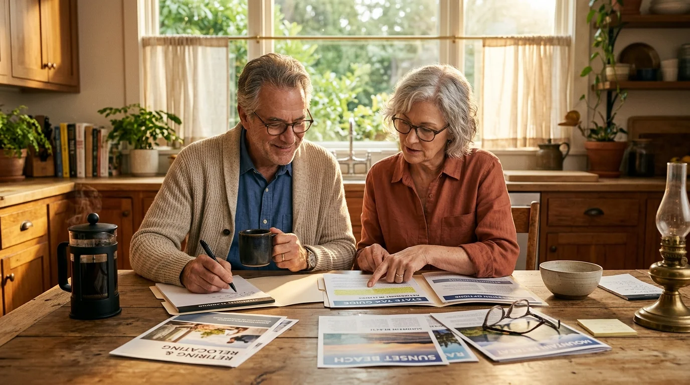 A senior couple sitting at a wooden kitchen table reviewing retirement planning documents and pamphlets.