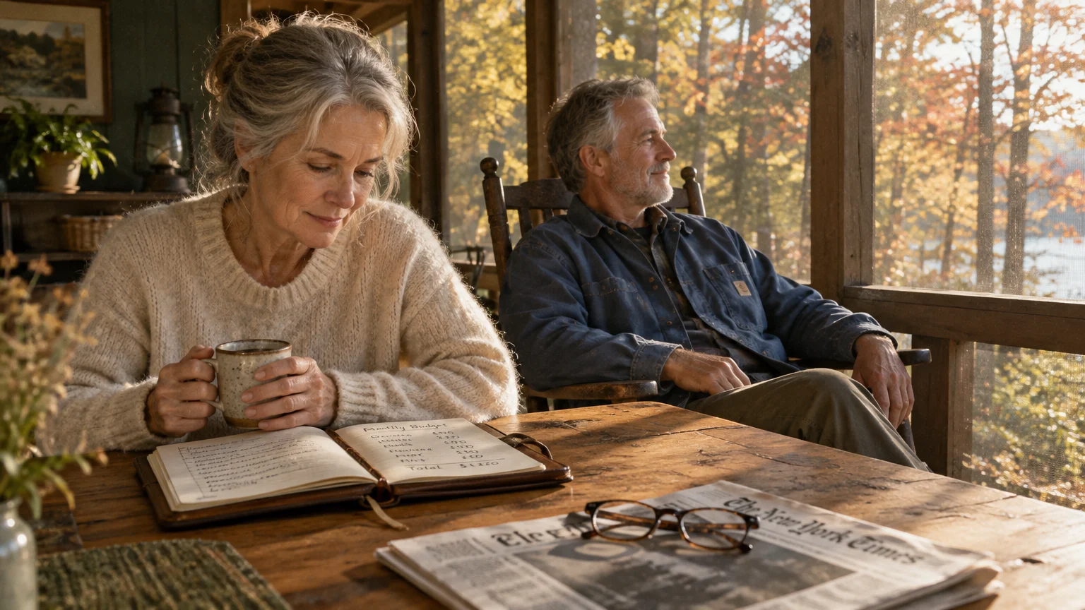 Senior couple relaxing on a rustic porch with coffee, a handwritten budget notebook, and a newspaper on the table.