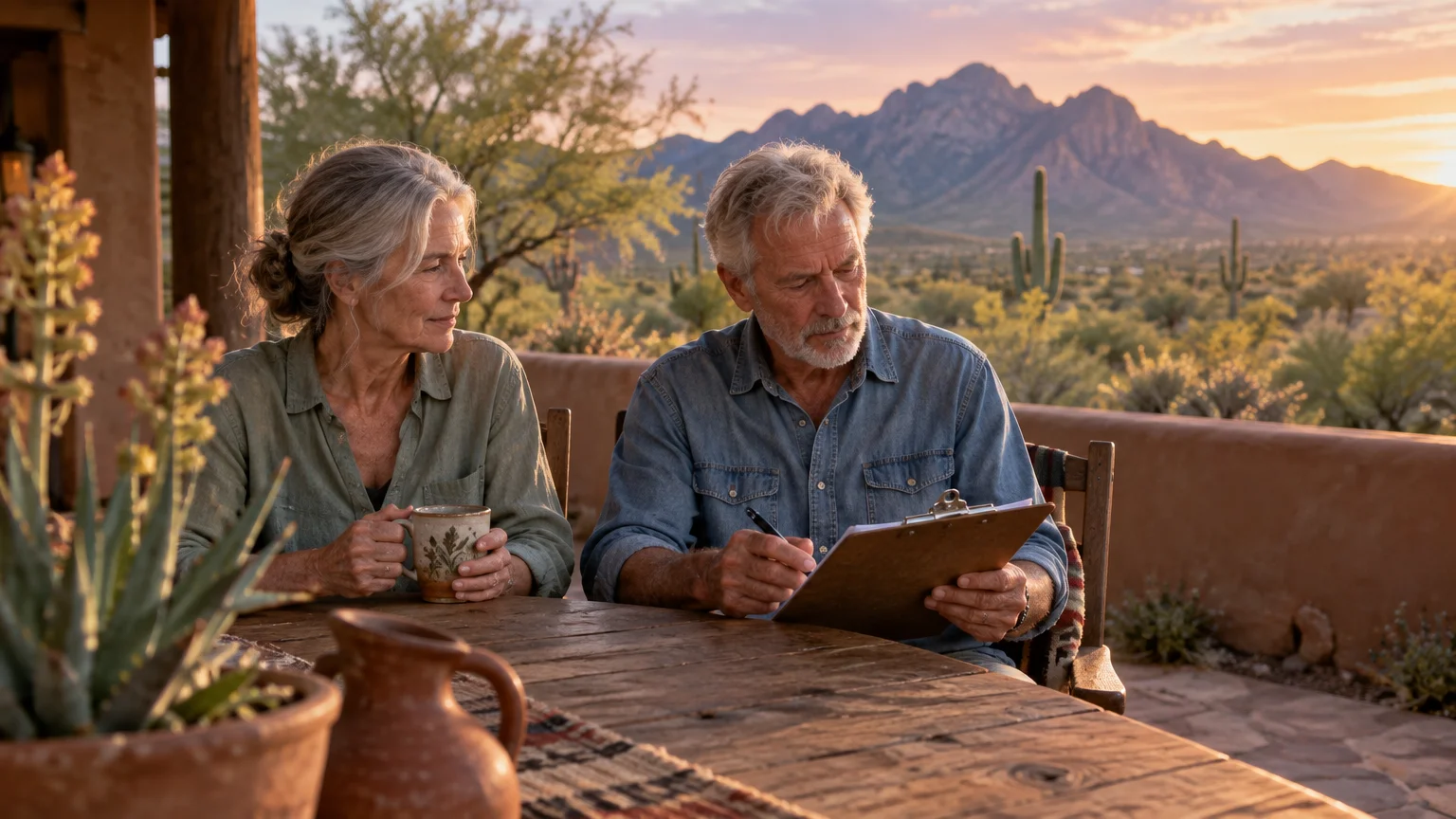 Senior couple sits at a rustic patio table reviewing paperwork on a clipboard against a sunset desert mountain landscape.