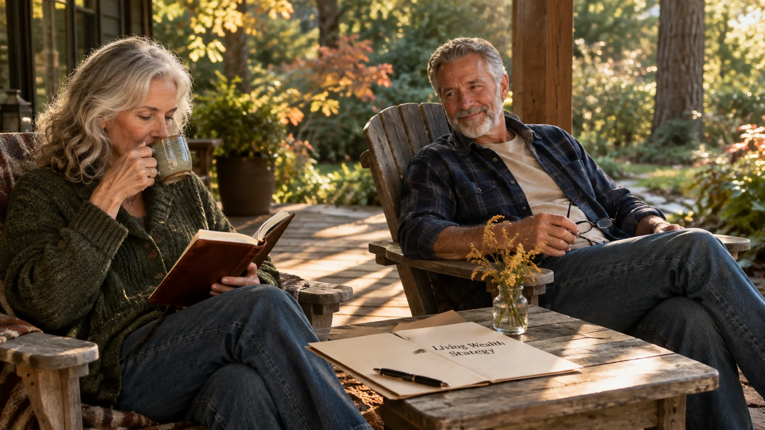 Mature couple relaxing on a wooden porch with coffee, a book, and a document labeled living wealth strategy.