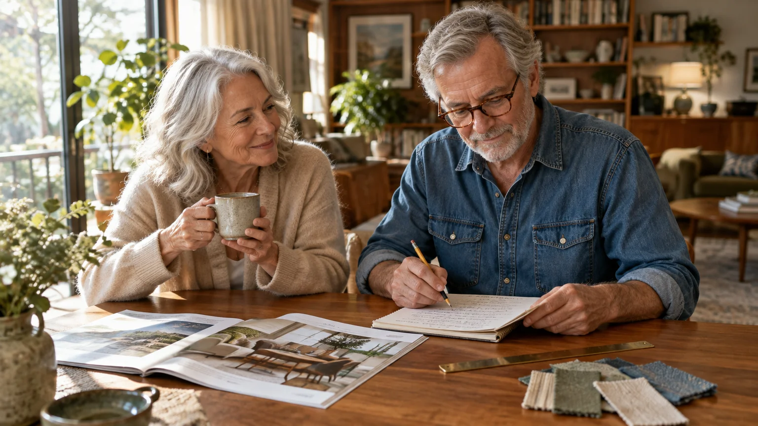 Senior couple sitting at a wooden dining table reviewing an open home catalog and writing notes in a spiral pad.