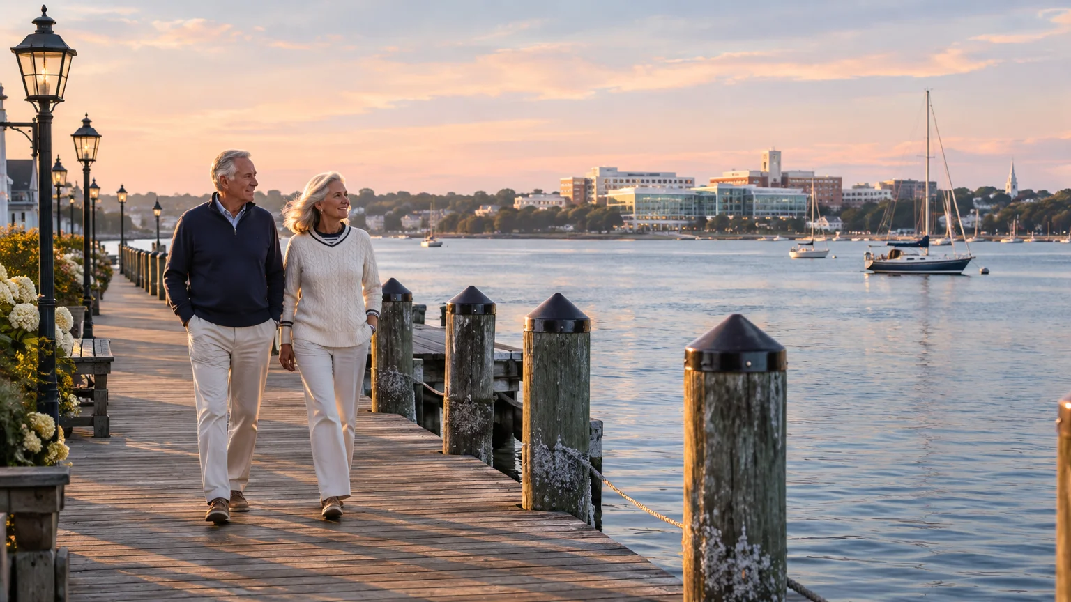 An older couple strolls along a wooden coastal boardwalk beside tranquil water with sailboats and city buildings across the bay.